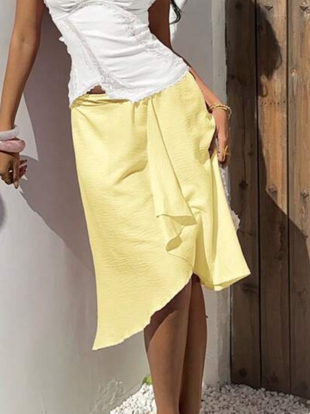 Light Yellow Asymmetric Midi Skirt - Women